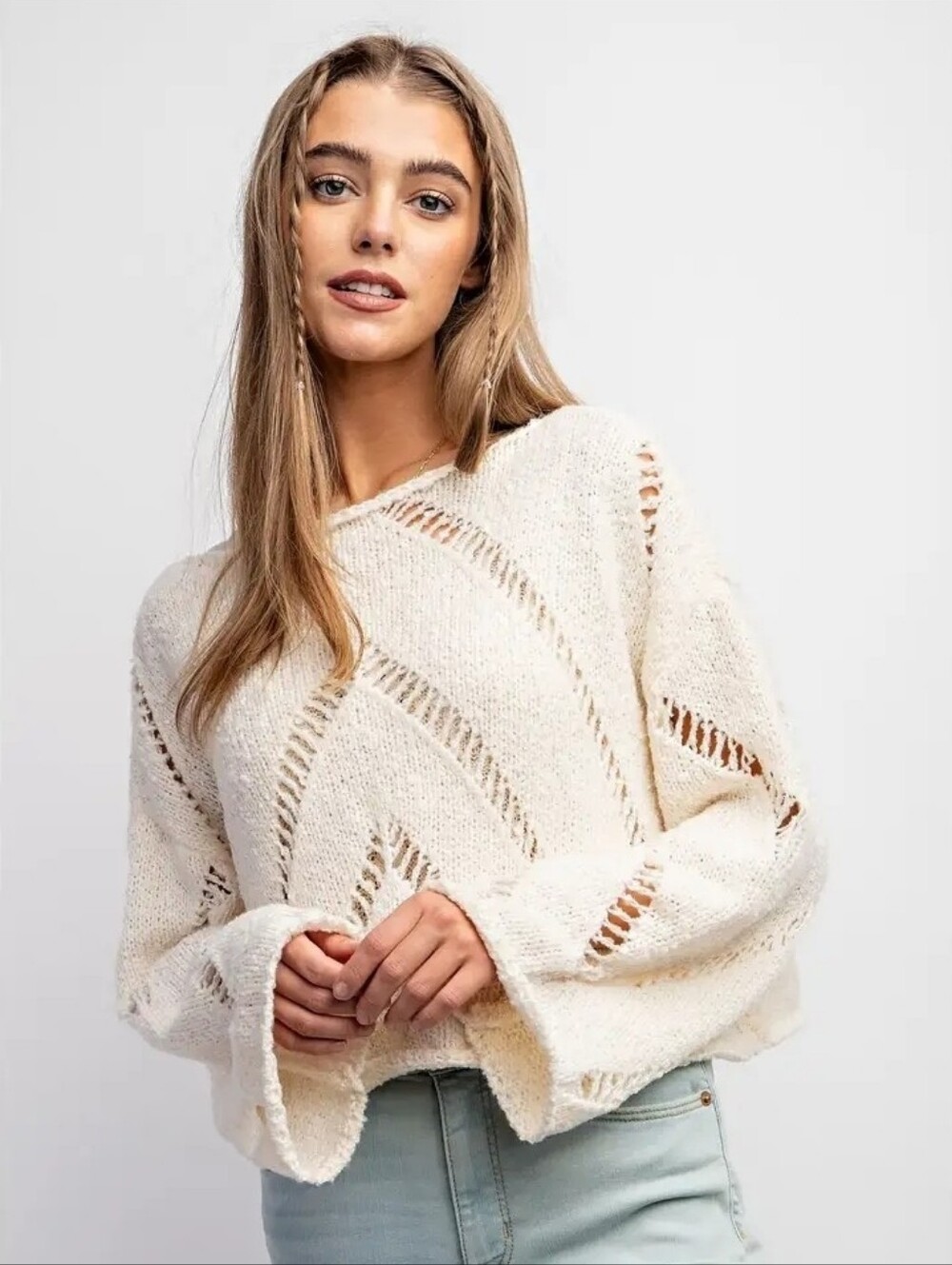 Open-Knit Cream Crewneck Sweater